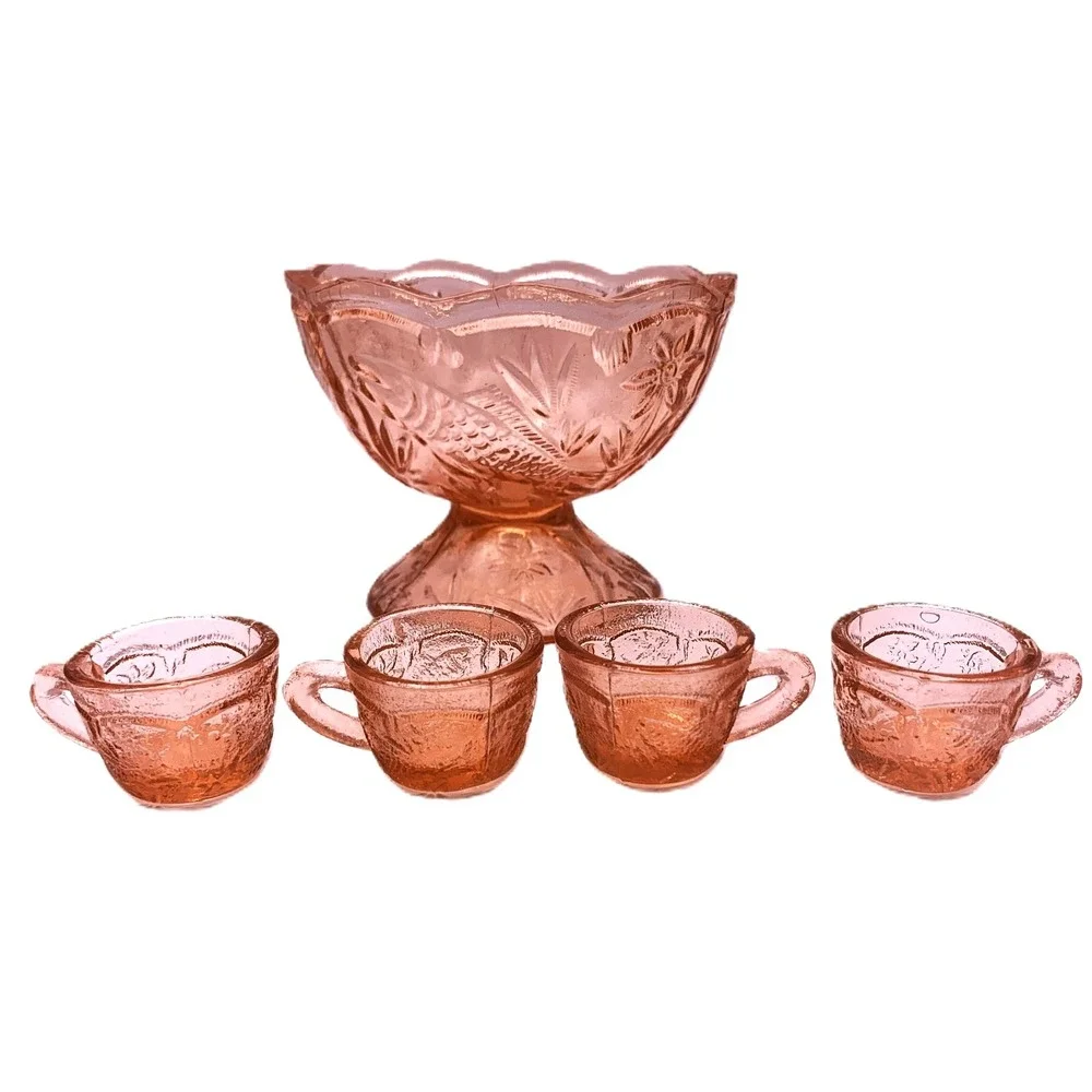 MINI Voglesong Summit Pink Glass Koi Fish Pattern Punchbowl & Cups 5 pc Set Vtg